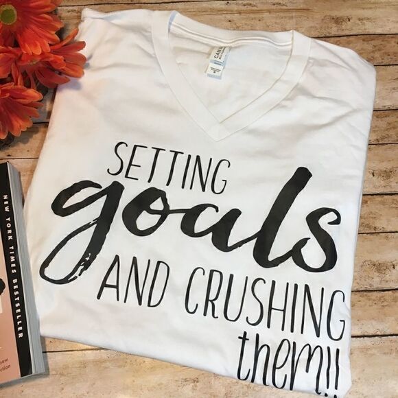 Setting Goals and Crushing Them Tee Graphic White V-Neck Tee - Picture 1 of 3